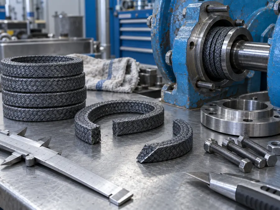 Braided pump packing rings prepared beside a pump, caliper and cutting tools before installation