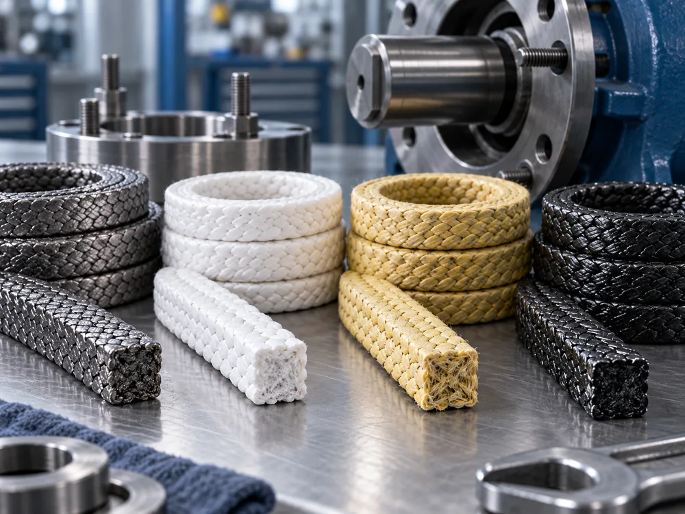 Braided pump packing rings and square packing sections shown beside pump hardware