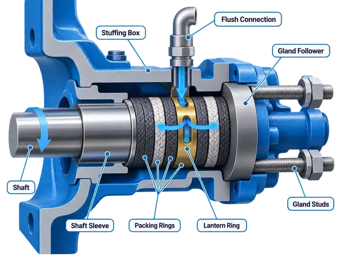 Cutaway diagram of a packed pump stuffing box showing shaft, shaft sleeve, packing rings, lantern ring, flush connection, gland follower and gland studs