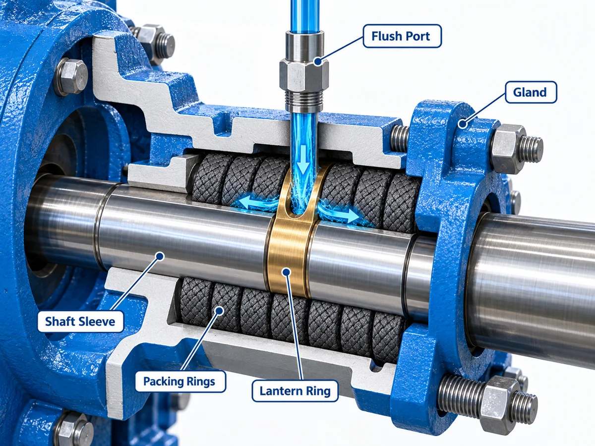 Pump stuffing-box cutaway showing the flush port feeding a lantern ring between packing rings around the shaft sleeve