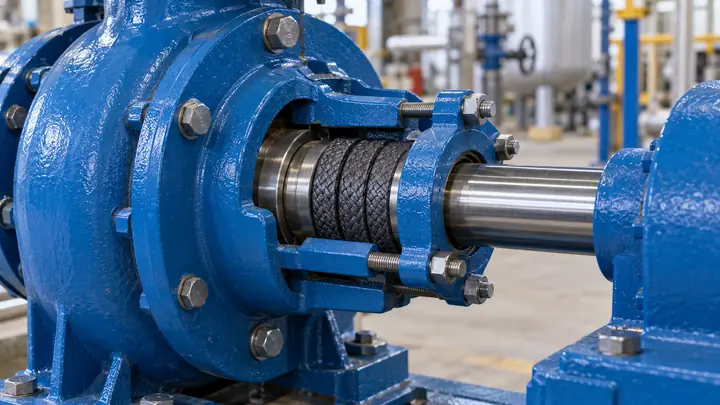 Open centrifugal pump stuffing box with braided packing rings compressed by a gland follower around the shaft sleeve