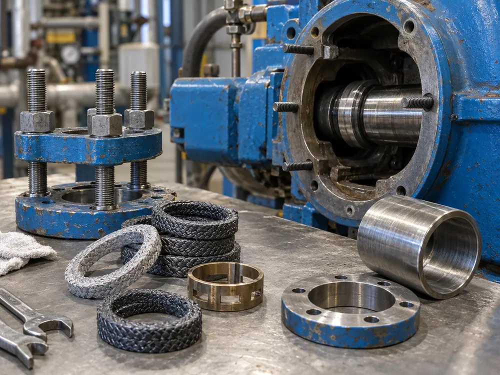 Disassembled pump stuffing-box hardware with packing rings, lantern ring, sleeve and gland follower arranged beside the open stuffing box