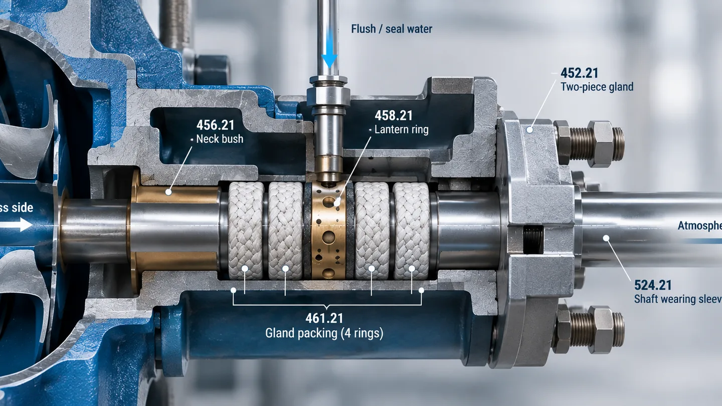 Cutaway illustration of a packed pump stuffing box with four packing rings, lantern ring and shaft sleeve