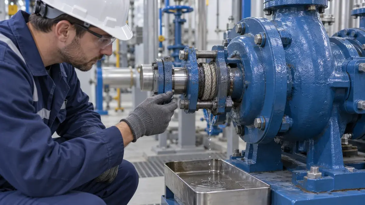 Maintenance technician checking leakage behavior at a packed pump stuffing box