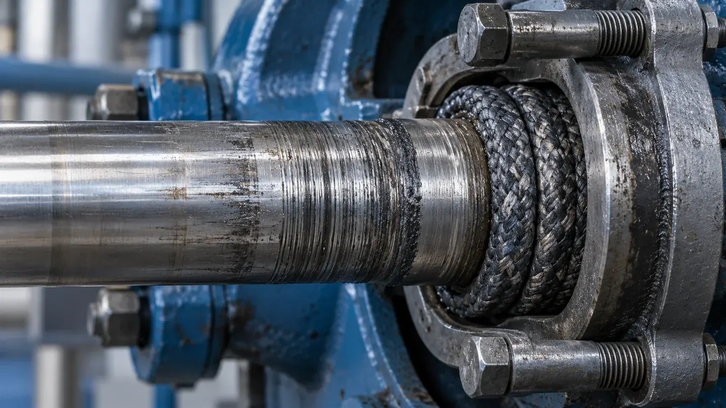 Worn pump shaft sleeve with grooves beside braided packing rings