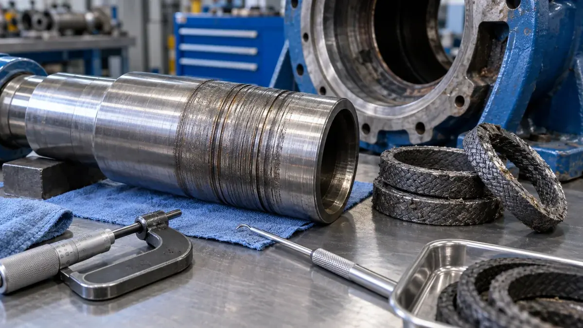 Inspection bench with a grooved pump shaft sleeve and removed packing rings