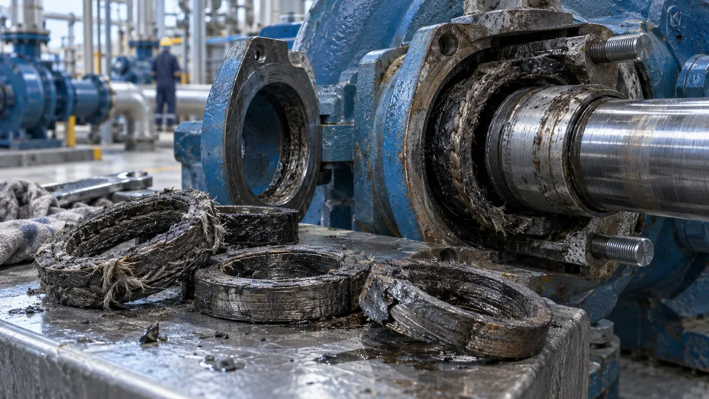 Removed damaged pump packing rings beside an open stuffing box