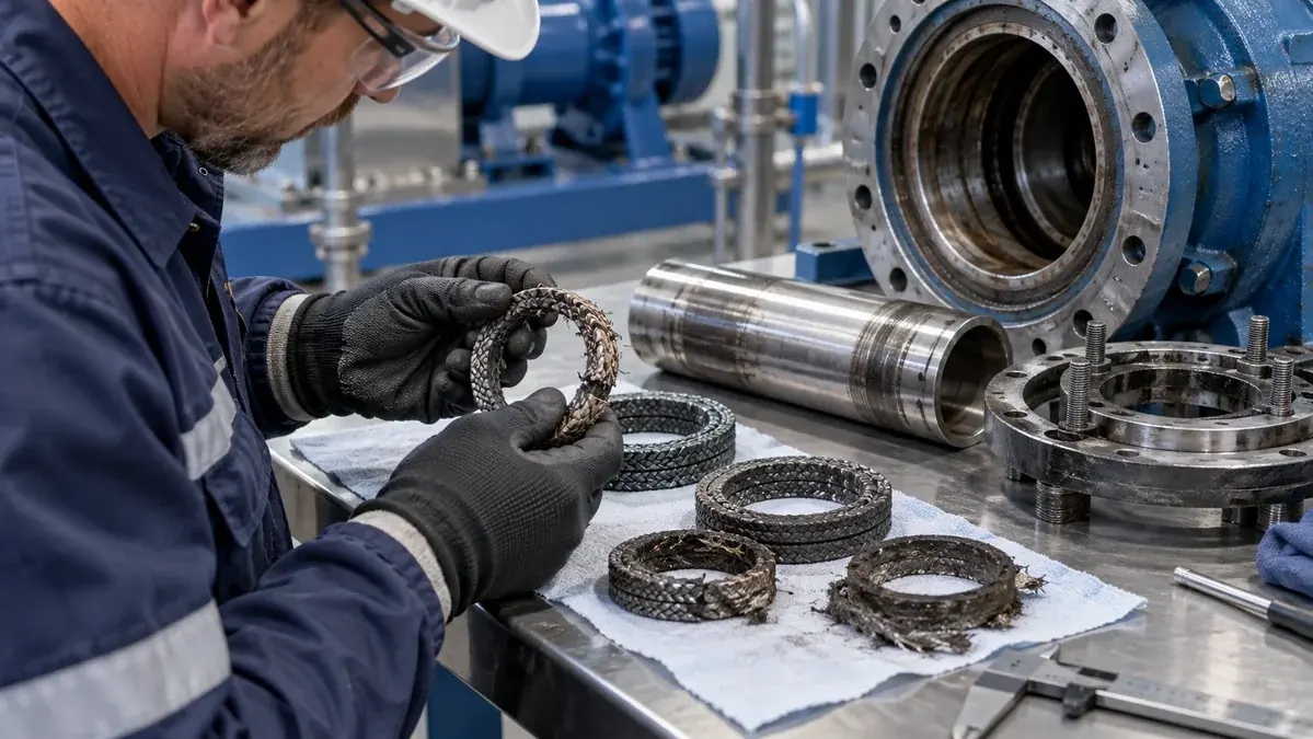 Technician inspecting worn packing rings during root-cause analysis