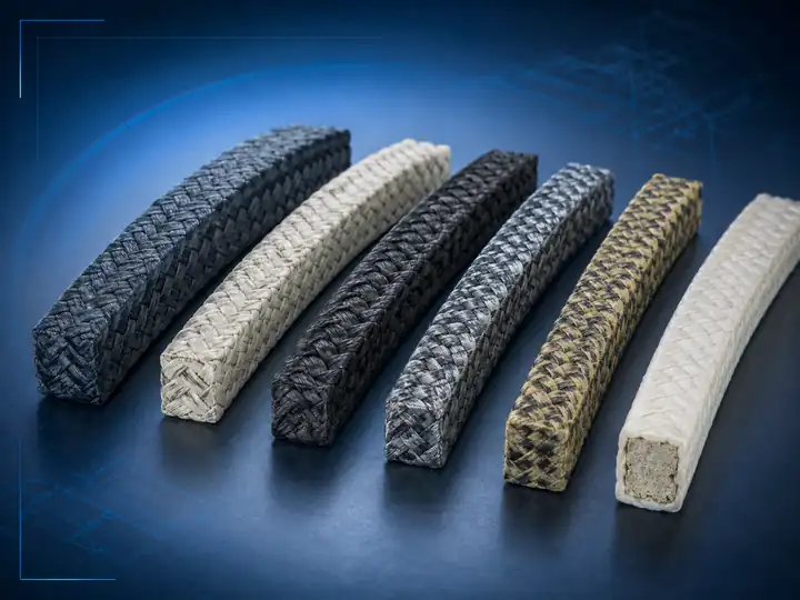 Braided compression packing sections shown in several constructions and finishes on a blue technical background