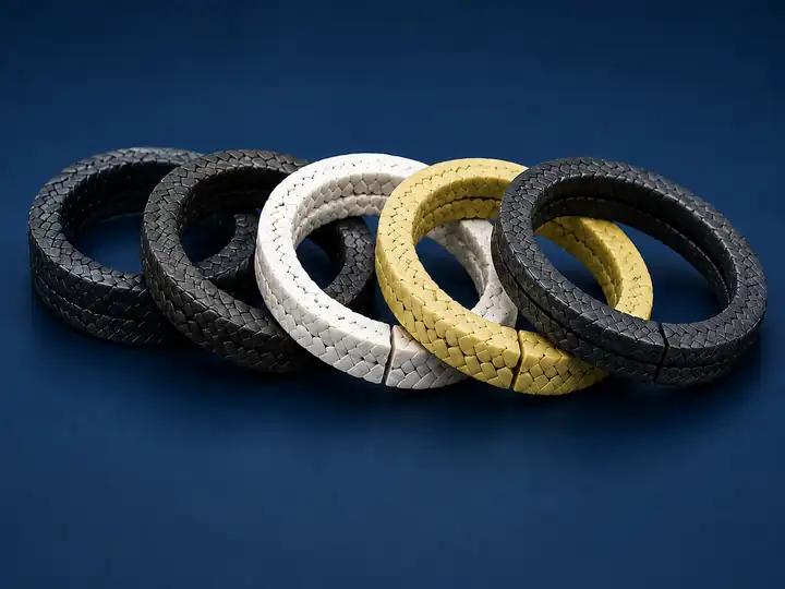 Die-formed and precompressed split packing rings arranged on a blue technical background